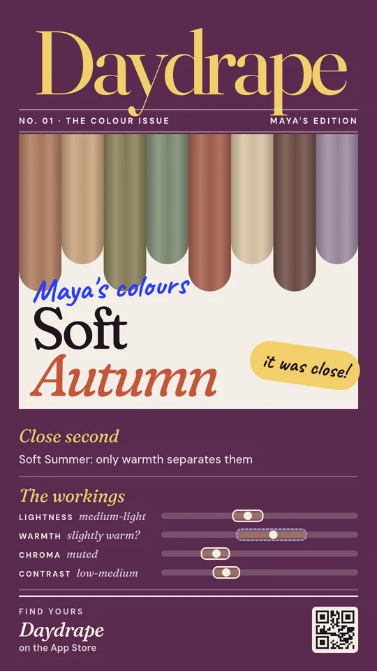 Magazine-cover share card: Maya's edition, Soft Autumn