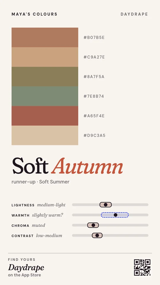 Minimal share card: paint-chip strip, Soft Autumn