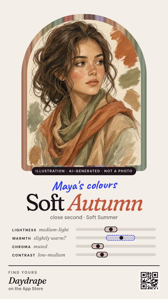 Portrait share card with an illustrated, AI-generated portrait of a fictional woman